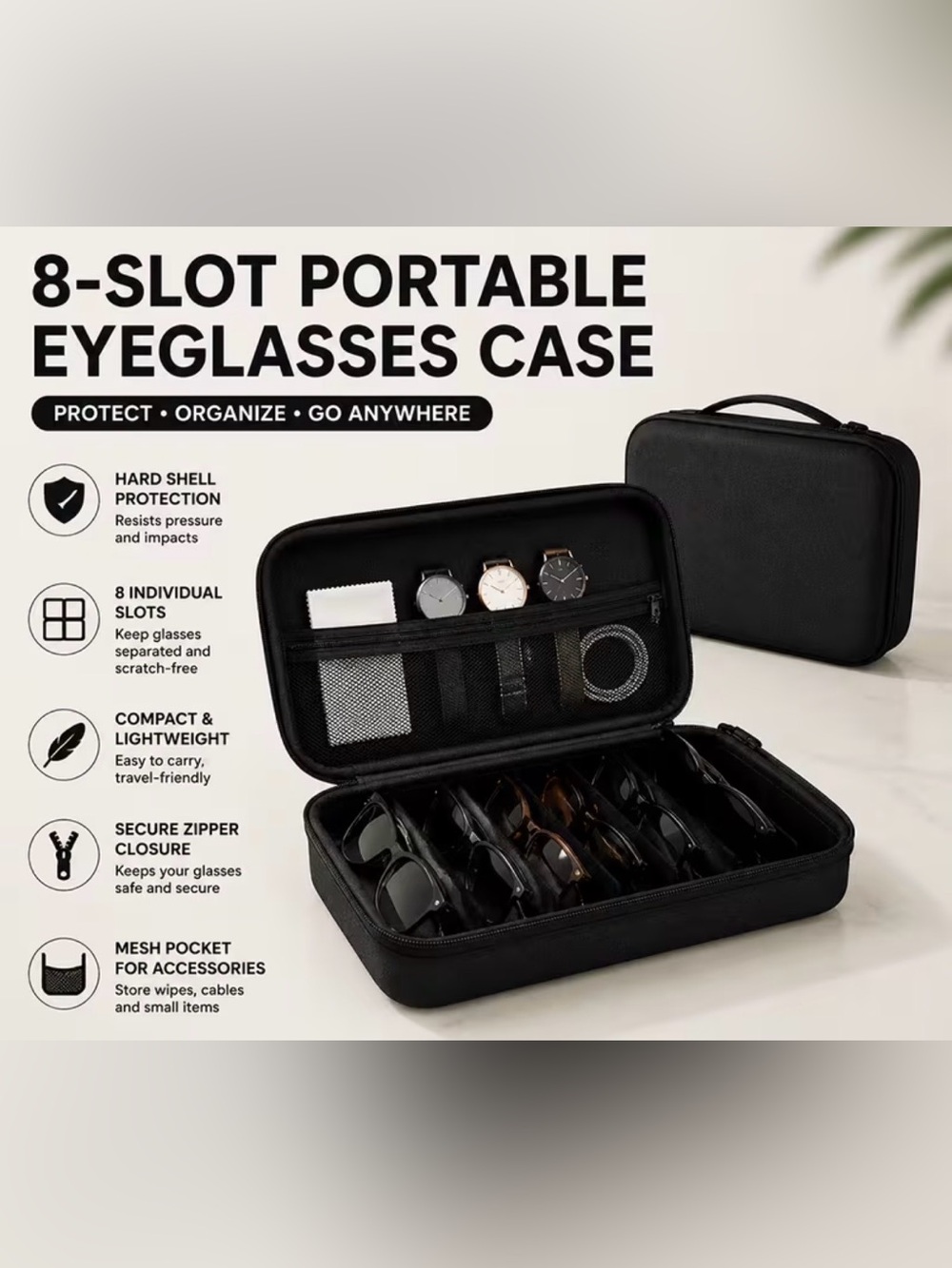 Portable Black Hard Shell Sunglasses and Watch Organizer Case